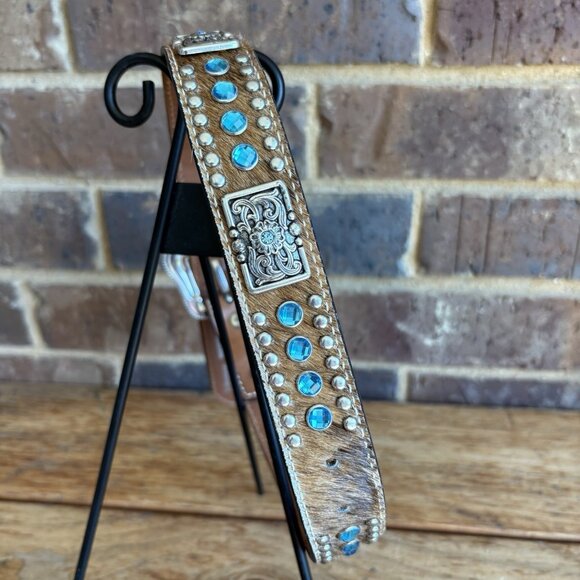 Nocona Leather Belt 24 Brown Calf Hair Studded Blue Rhinestone Bling Girls READ - Picture 1 of 8